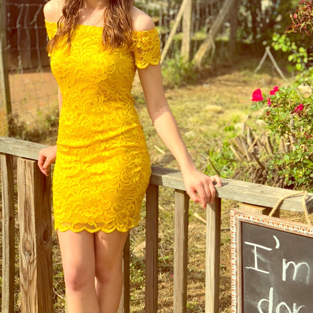Mustard Off-Shoulder Lace Dress